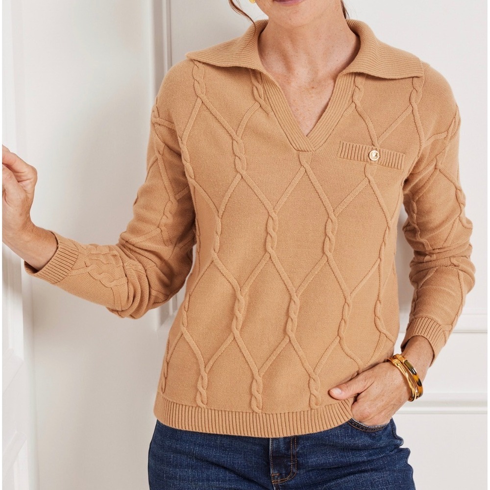 Talbots Sweater L PETITE Tan Cable Knit Collared Old Money Timeless Quiet Luxury